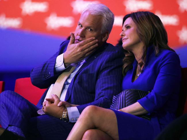 NATIONAL HARBOR, MARYLAND - MARCH 02: Chairman of the Conservative Political Action Conference (CPAC) Matt Schlapp (L) and his wife Mercedes Schlapp (R) listen during the annual conference at Gaylord National Resort & Convention Center on March 2, 2023 in National Harbor, Maryland. The annual conservative conference kicks off today with former President Donald Trump addressing the event on Saturday.   Alex Wong/Getty Images/AFP (Photo by ALEX WONG / GETTY IMAGES NORTH AMERICA / Getty Images via AFP)