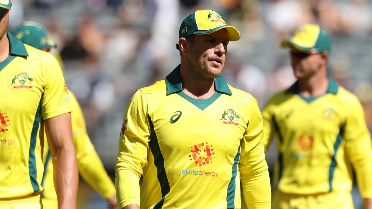 Aaron Finch of Australia reacts during a bad loss to South Africa in Perth.