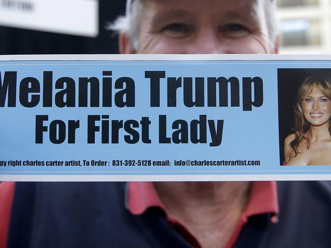Donald Trump supporter Charles Carter holds up a sign he made for Trump’s wife Melania before the California Republican Party 2016 Convention in California. Picture: AP Photo/Jeff Chiu