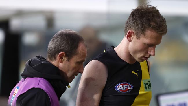 Dylan Grimes was emotional after being subbed out with injury. Picture: Darrian Traynor/Getty Images