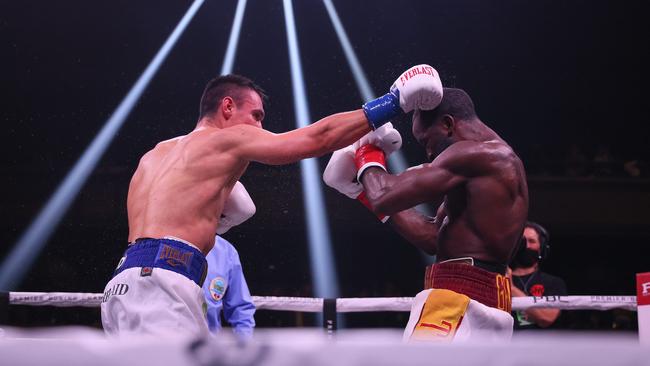 Tim Tszyu (white with blue trunks) defeated Terrell Gausha (white with red and gold trunks) box in the Super Welterweight main event at the Armory on March 26, 2022. Picture: Adam Bettcher/Getty Images/AFP