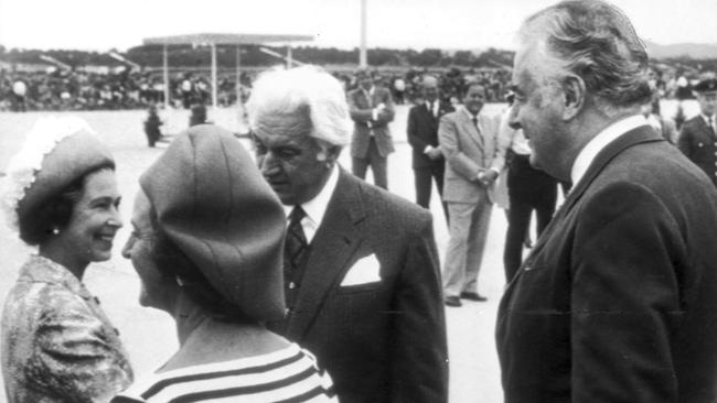 Gough Whitlam and then governor-general Sir John Kerr greet the Queen during an Australian Royal Tour.