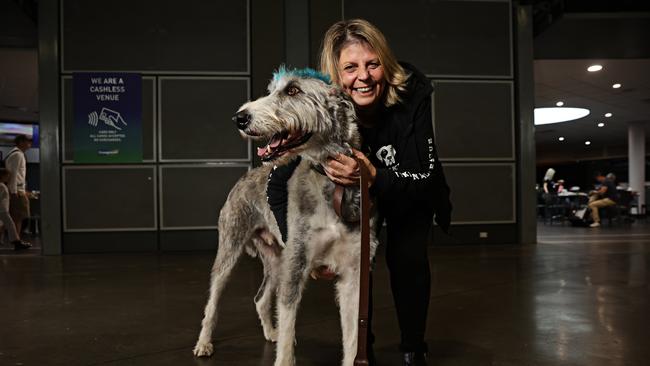 Annette Davidson with her dog Harold (3) an Irish Wolf hound at the Sydney Dog Lovers and Cat Lovers Festival held in Sydney Showgrounds at Sydney Olympic Park. Picture: Adam Yip