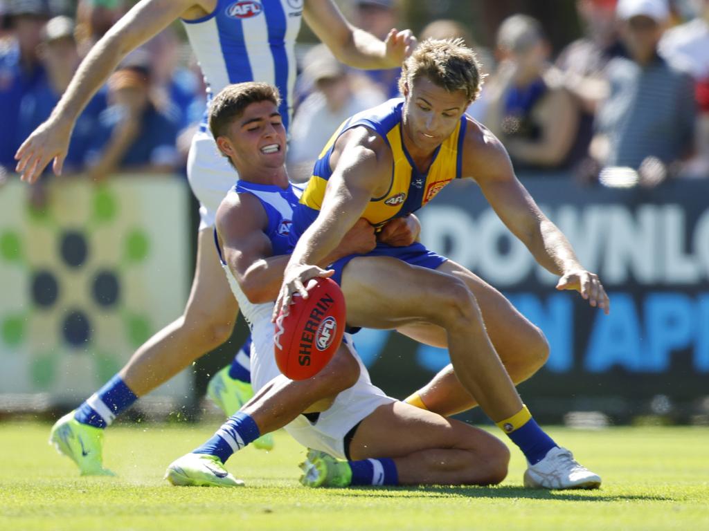 Bo Allan is tackled by Harry Sheezel. Picture: Getty Images