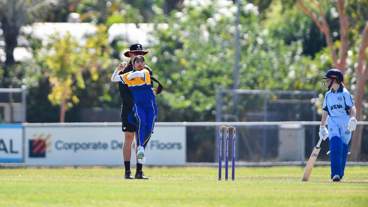 Players in action at the Under-12 cricket national championships in Darwin, Northern Territory. NSW U12 Girls Vs ACT U12 Girls at Nightcliff Oval. Picture: Pema Tamang Pakhrin