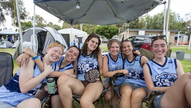 Bella Marling, Zoe Thompson, Isabella Cowley, Sophie Hill and Nikki Johnson, former Sacred Heart Students at Middleton Caravan Park. Picture: Brett Hartwig