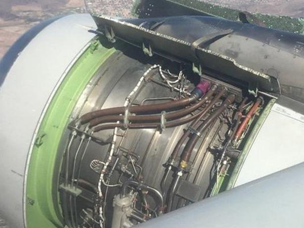 Picture: Facebook/Ken Papagno A PASSENGER plane carrying 136 people was forced into an emergency landing after the engine cover snapped off as the aircraft ascended. American Airlines Flight AA403 to San Francisco landed safely back at Pheonix Sky Harbor minutes after the terrifying incident. No one was injured.