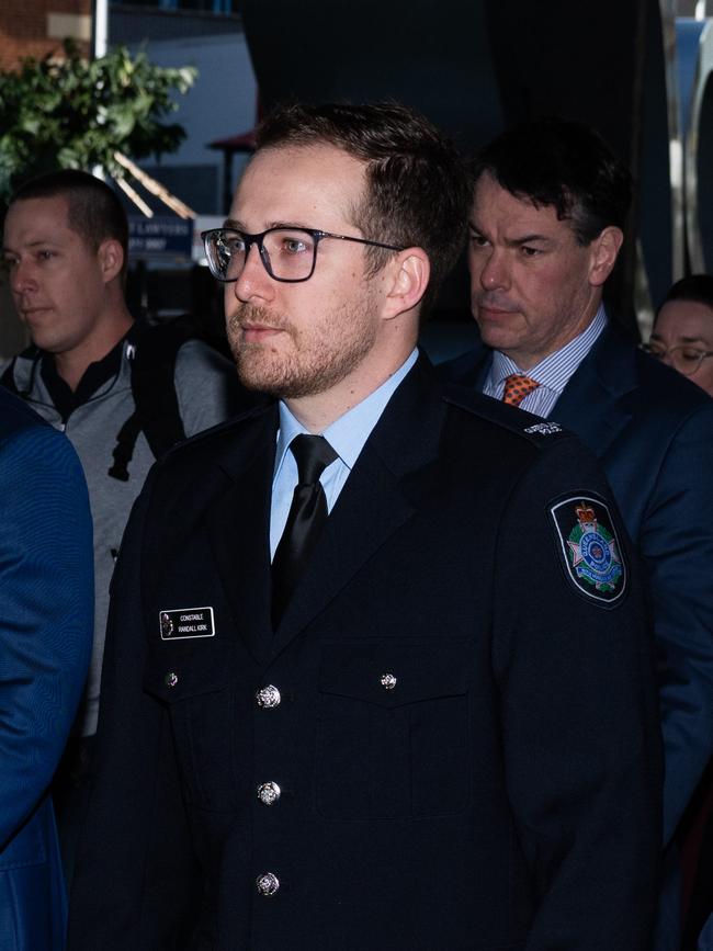 Constable Randall Kirk arrives at the Brisbane Coroners Court in Brisbane. Picture: Dan Peled / NewsWire