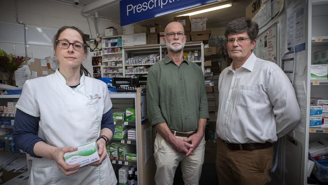 Pharmacists, Katie Hayes (Risdon Vale Pharmacy), Greg Finlayson (Shoreline Pharmacy, Howrah) and Rhys Jones (Rhys Jones Pharmacy, Rosny Park) at Risdon Vale Pharmacy. Picture: Chris Kidd