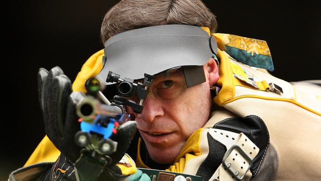 Shooter Warren Potent, during training at the Sydney International Shooting Centre, Homebush, western Sydney.