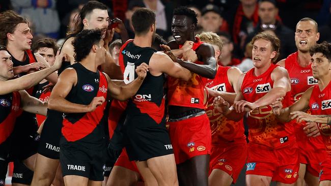 MELBOURNE, AUSTRALIA - AUGUST 10: Players wrestle at half time during the 2024 AFL Round 22 match between the Essendon Bombers and the Gold Coast SUNS at Marvel Stadium on August 10, 2024 in Melbourne, Australia. (Photo by Michael Willson/AFL Photos via Getty Images)