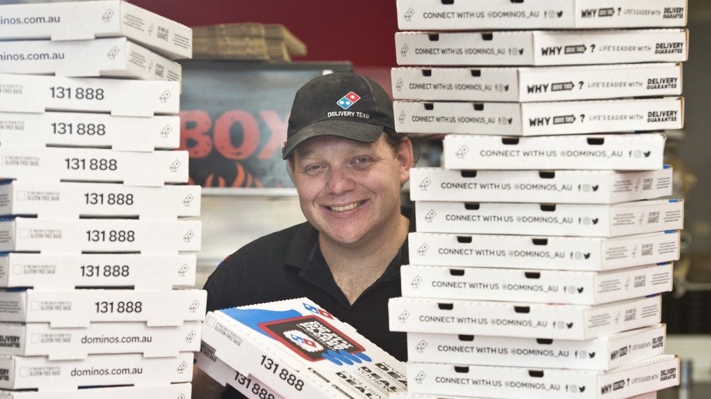 Myles Copson of Westridge Dominos Pizza is excited the store sold the most pizzas of any store on the night of the first State of Origin game, Friday, June 22, 2018. Picture: Kevin Farmer