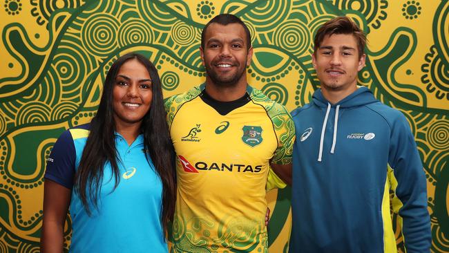 Kurtley Beale during the unveiling of the new Wallabies Indigenous jersey with sevens player Mahalia Murphy and Harrison Goddard. Picture: Brett Costello