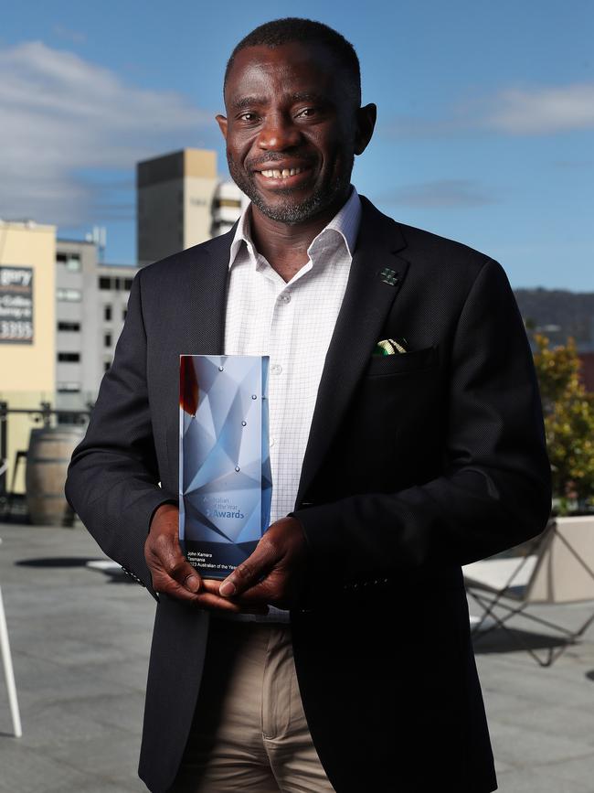 John Kamara with his Tasmanian Australian of the Year 2023 award. Picture: Nikki Davis-Jones