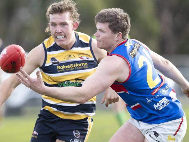 SFL, Huonville James McIndoe and Sorell Brayden Carter at Pembroke Park. Picture Chris Kidd