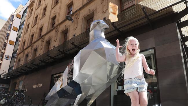 The stainless steel Pigeon, with Emerald Waugh in Rundle Mall last year. Picture: Tait Schmaal