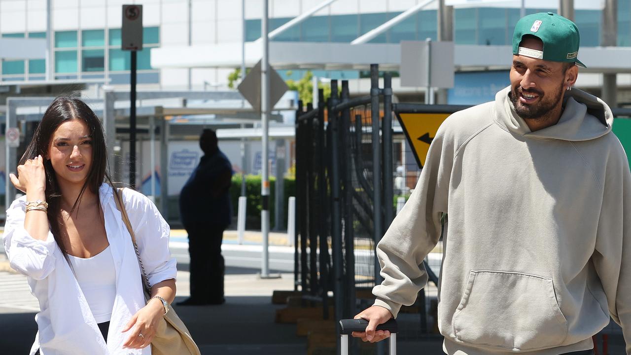 Nick Kyrgios and his girlfriend Costeen Hatzi at Brisbane Airport. Picture: Annette Dew