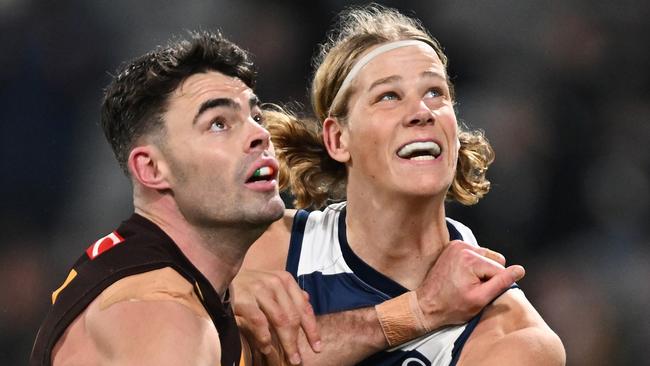 GEELONG, AUSTRALIA – JULY 06: Conor Nash of the Hawks and Sam De Koning of the Cats contest the ruck during the round 17 AFL match between Geelong Cats and Hawthorn Hawks at GMHBA Stadium, on July 06, 2024, in Geelong, Australia. (Photo by Daniel Pockett/Getty Images)