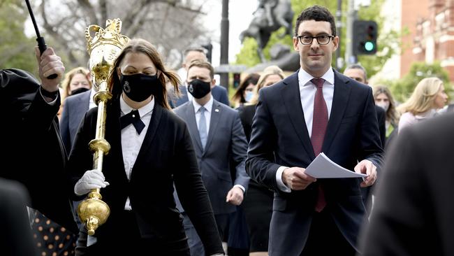 Dan Cregan, right, on the walk back to Parliament House from Government House after his swearing in as Speaker in the state parliament's lower house on Wednesday. Picture: Naomi Jellicoe