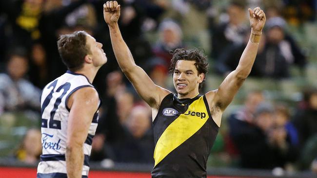 Daniel Rioli celebrates kicking the sealer. Picture: Michael Klein