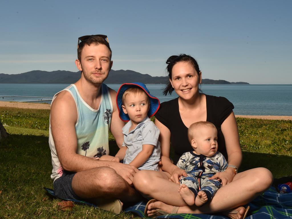 Townsville residents relaxing on the Strand after the relaxation of COVID-19 restrictions. John and Jasmine Kendall with Harrison, 2, and Harvey, 10 months. Picture: Evan Morgan