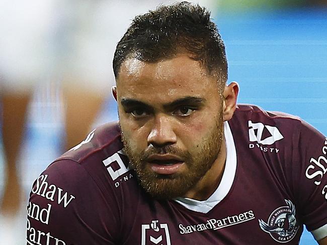 MELBOURNE, AUSTRALIA - MAY 26: Dylan Walker of the Sea Eagles reacts after a contest during the round 12 NRL match between the Melbourne Storm and the Manly Sea Eagles at AAMI Park, on May 26, 2022, in Melbourne, Australia. (Photo by Daniel Pockett/Getty Images)