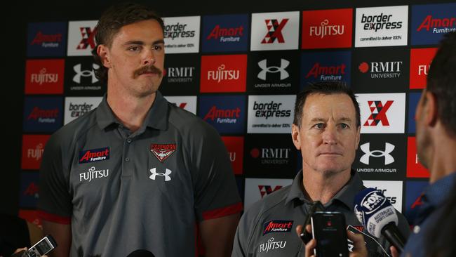 Daniher speaks alongside ex-coach John Worsfold after returning to Essendon following his failed trade to Sydney. Picture: Getty