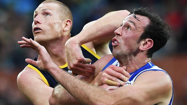 Sam Jacobs (left) rucking for the Crows against North Melbourne’s Todd Goldstein. Picture: Mark Brake/Getty Images