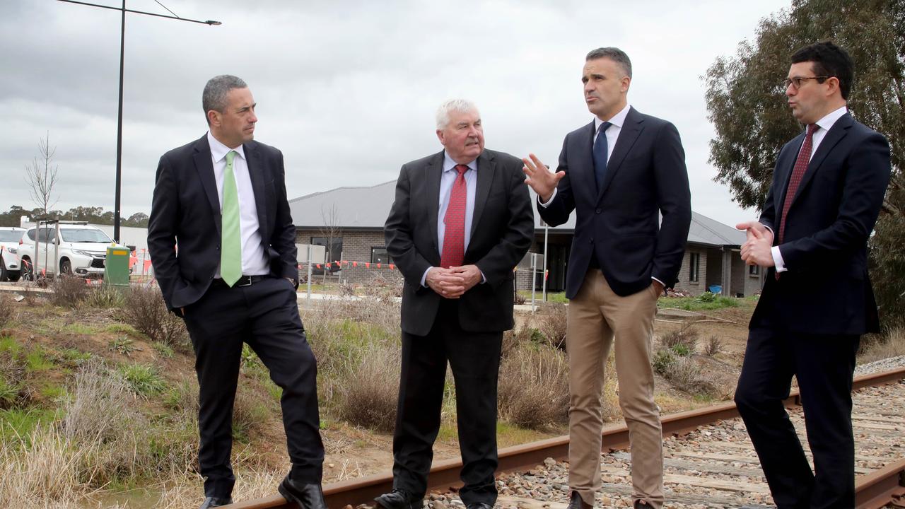 Infrastructure and Transport Minister Tom Koutsantonis, Mount Barker Mayor David Leach, Premier Peter Malinauskas and Kavel MP Dan Cregan at a Mount Barker media conference last August. Picture: Dean Martin