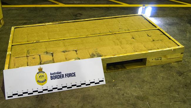 Australian Border Force has seized almost a tonne of cocaine destined for Sydney. This stash of cocaine worth an estimated $34 million was uncovered inside wooden pallets in April. Picture: AAP Image/Supplied/Australian Border Force