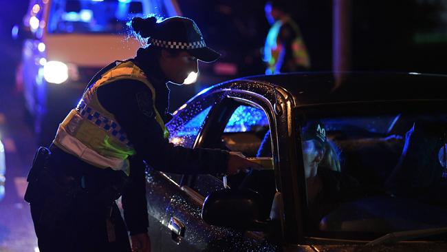 Police officers conduct random breath tests on Port Wakefield Road in Mawson Lakes. Picture: Tom Huntley