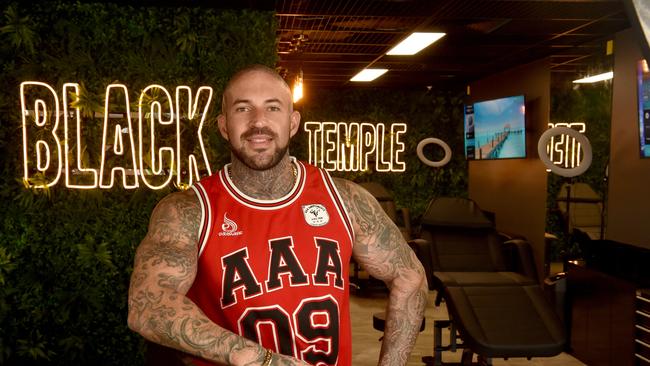 Chris Bowtell at the Flinders St Black Temple Tattoo business in Townsville. Picture: Evan Morgan