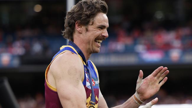 MELBOURNE, AUSTRALIA - SEPTEMBER 28: Joe Daniher of the Lions celebrates winning the AFL Grand Final match between Sydney Swans and Brisbane Lions at Melbourne Cricket Ground, on September 28, 2024, in Melbourne, Australia. (Photo by Daniel Pockett/AFL Photos/Getty Images)