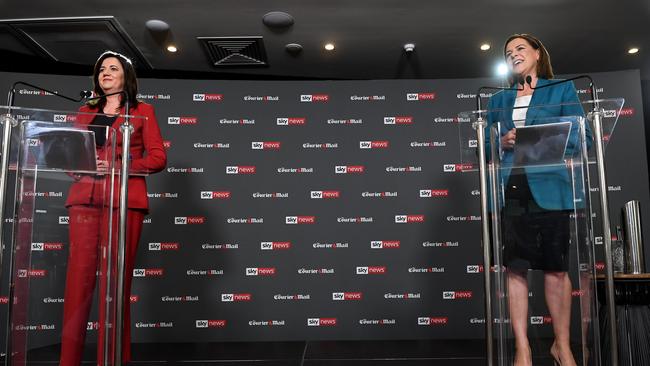 Queensland Premier Annastacia Palaszczuk, left, and opposition Leader Deb Frecklington address the audience at the start of the forum. Picture: NCA NewsWire / Dan Peled