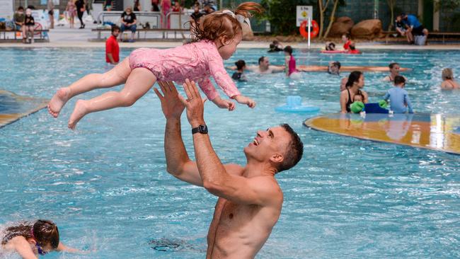 Peter Malinauskas with his daughter Eliza at the Adelaide Aquatic Centre in North Adelaide. Picture: Brenton Edwards