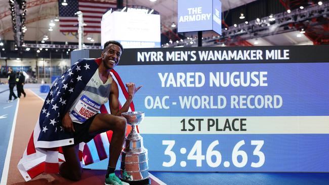 Yared Nuguse of the United States reacts after setting an indoor mile world record in the Wanamaker Mile during the 117th Millrose Games at The Armory Track. Picture: Sarah Stier/Getty Images