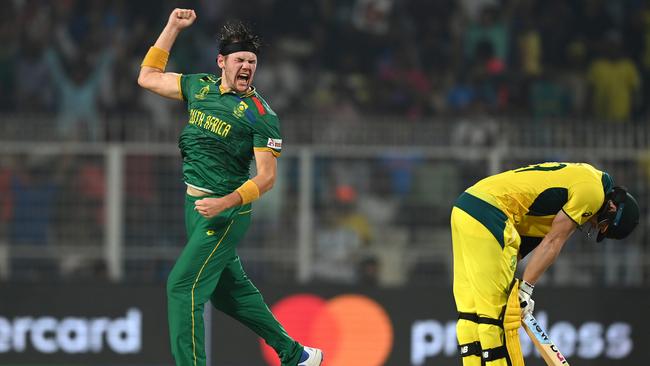 Gerald Coetzeecelebrates after dismissing Steve Smith. (Photo by Gareth Copley/Getty Images)