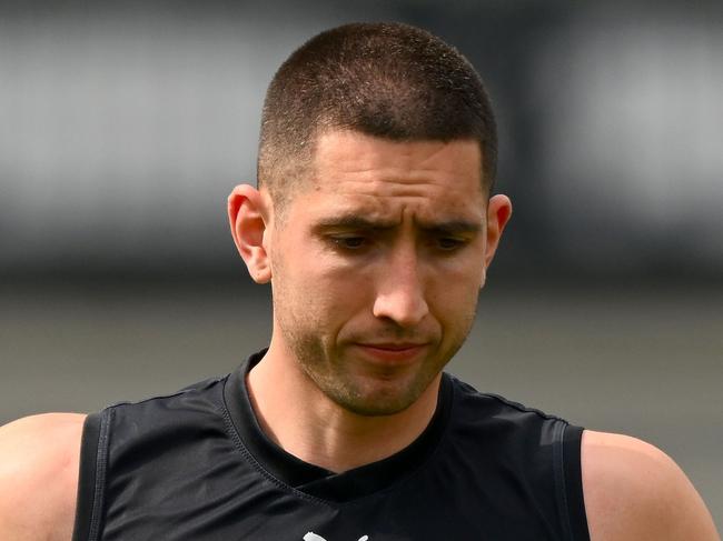 MELBOURNE, AUSTRALIA - SEPTEMBER 18: Jacob Weitering of the Blues trains during a Carlton Blues AFL training session at Ikon Park on September 18, 2023 in Melbourne, Australia. (Photo by Morgan Hancock/Getty Images)