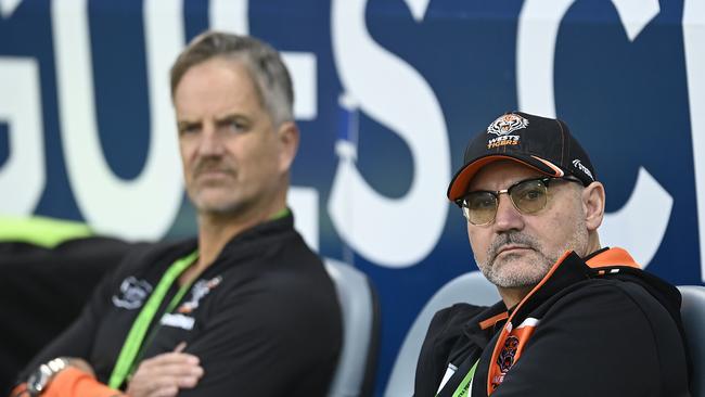 TOWNSVILLE, AUSTRALIA - JULY 01: West Tigers Board Director Lee Hagipantelis and CEO Justin Pascoe look on before the start of the round 18 NRL match between North Queensland Cowboys and Wests Tigers at Qld Country Bank Stadium on July 01, 2023 in Townsville, Australia. (Photo by Ian Hitchcock/Getty Images)