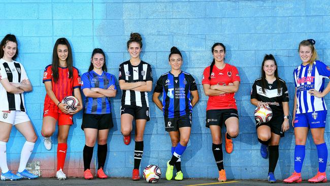 Women’s 2020 NPL players (left) Mikayla Vidmar (Adelaide City), Stella Dracopoulos (FSA NTC), Christine Skrembos (Comets), Caitlin Le Roux (Fulham United), Maria Jose Rojas (Salisbury Inter), Talia Bilardo (Metro United), Georgia Pannella (Adelaide Uni), Lara Kirkby (West Adelaide). (Picture Mark Brake)