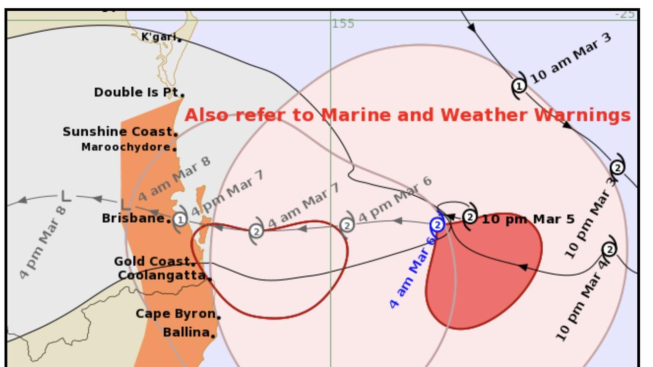 The expected pathway of Tropical Cyclone Alfred, as released by BOM, on Thursday morning, March 5.