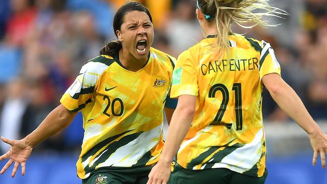 Sam Kerr and Ellie Carpenter celebrate following Australia’s 3-2 win over Brazil. Picture: Getty Images