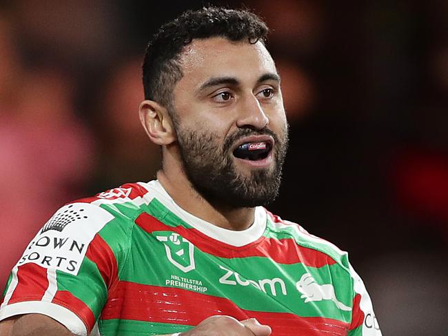 SYDNEY, AUSTRALIA - JULY 05: Alex Johnston of the Rabbitohs celebrates scoring a try during the round eight NRL match between the Canterbury Bulldogs and the South Sydney Rabbitohs at Bankwest Stadium on July 05, 2020 in Sydney, Australia. (Photo by Mark Metcalfe/Getty Images)