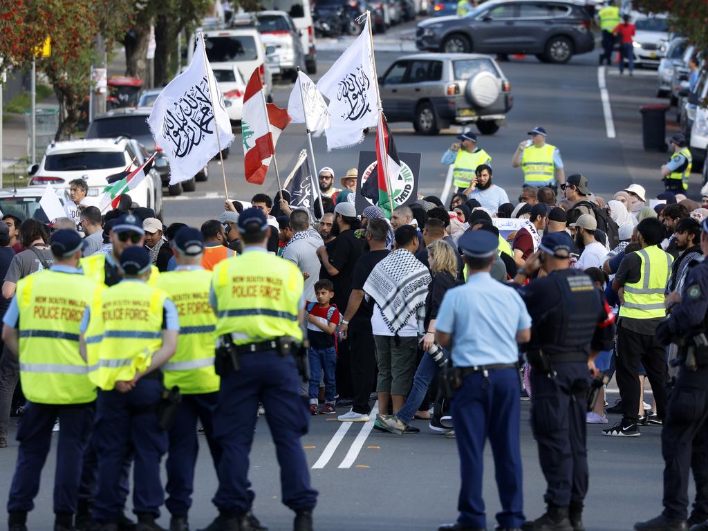 A strong Police presence for the United Community Rally for Palestine and Lebanon being held at the Lakemba Mosque. Picture: Jonathan Ng