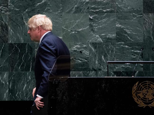 British Prime Minister Boris Johnson walks off after speaking at the United Nations General Assembly. Picture: Johannes Eisele