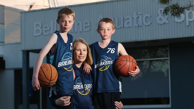 Amy Bond with her basketball-loving boys Archer and Harvey. Picture: Alan Barber