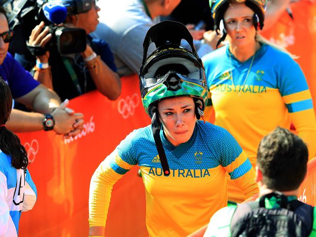 Caroline Buchanan was left in tears after crashing out of the BMX competition on the fnial day of races. Picture: Adam Head