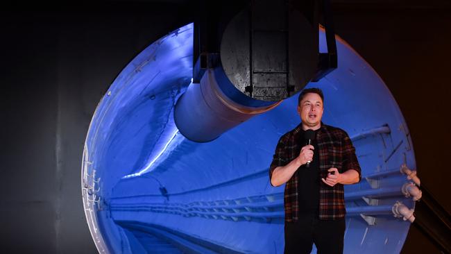 Elon Musk, speaks during an unveiling event for the Boring Company Hawthorne test tunnel south of Los Angeles in December. Picture: AFP