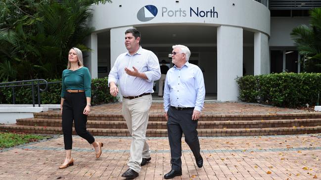 Barron River MP Bree James, Transport Minister Brent Mickelberg and Mulgrave MP Terry James, walking by the Ports North office after revealing the budget for the Cairns Marine Precinct Common User Facility had blown out to $826m. Picture: Arun Singh Mann