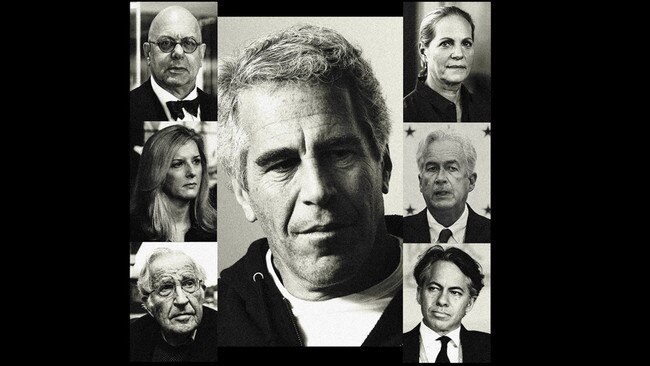 Jeffrey Epstein, centre, and clockwise from top right: Ariane de Rothschild, William Burns, Joshua Cooper Ramo, Noam Chomsky, Kathryn Ruemmler and Leon Botstein. Picture illustration: Alexandra Citrin-Safadi, Bloomberg, Getty, AP, Reuters